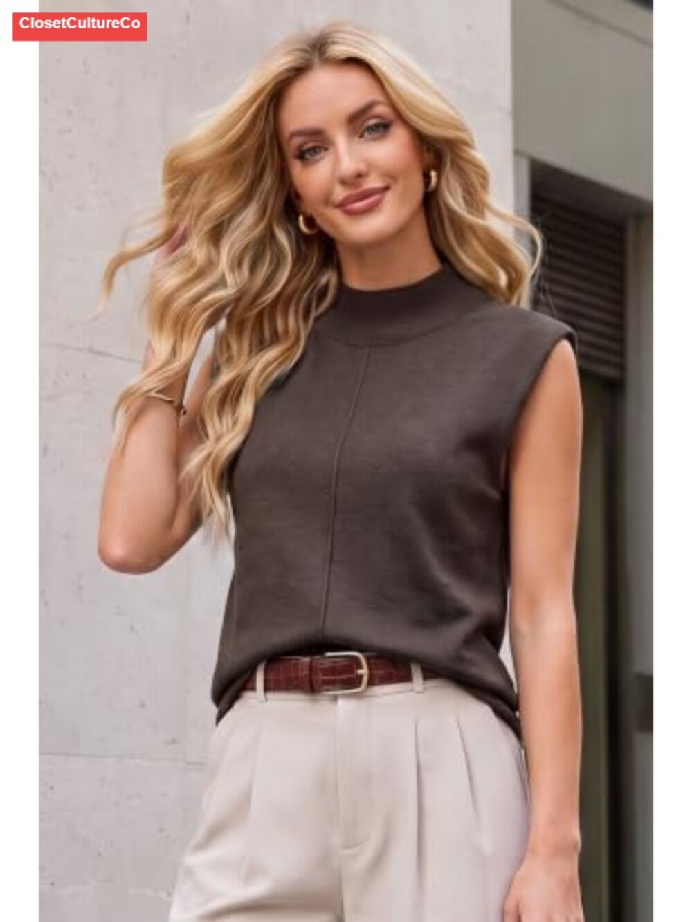 Wool Blend Mock Neck Sweater Vest Sleeveless Work Top - Picture 2 of 6
